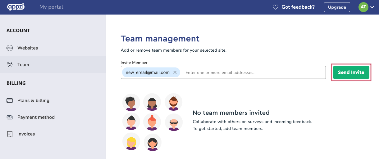 Enter your new email address in the invite field