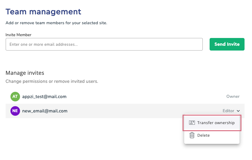 Click Transfer Ownership next to the new email